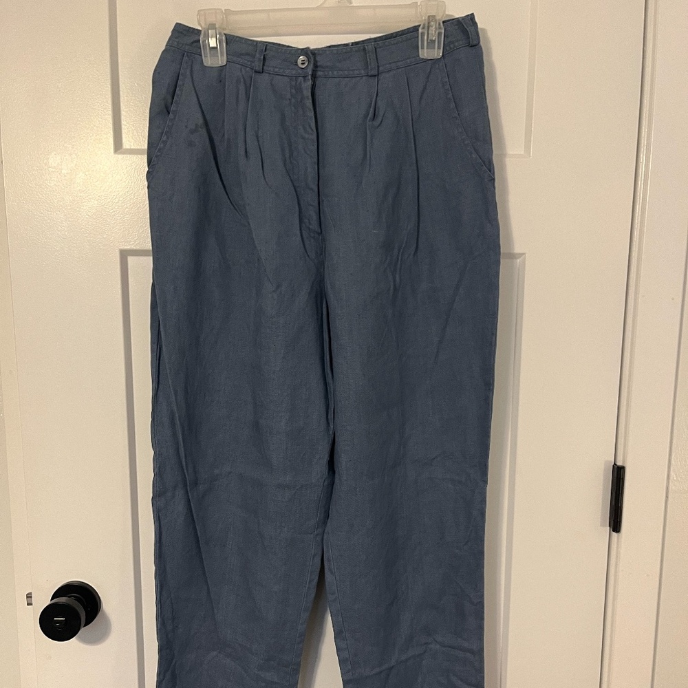 Daniel Caron Vintage 100% Linen Pants Women's 14 Made in Hong Kong Blue High